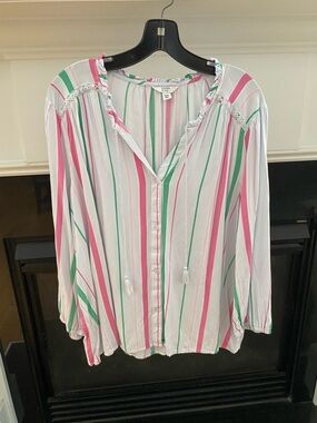 Crown &Ivy Women's Stripe Button-Front Peasant Blouse - White Pink Green